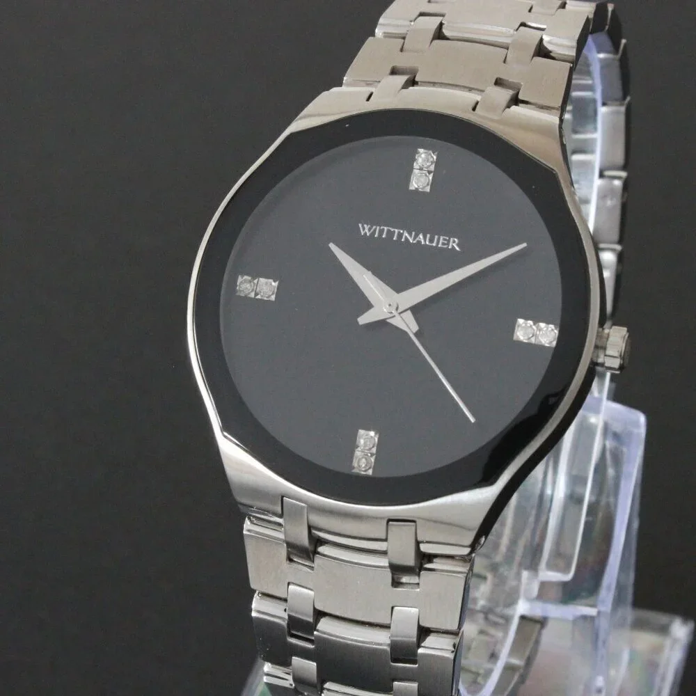 Wittnauer Ladies Dress Watch 8 Diamonds On Black Sun-ray Dial 36mm